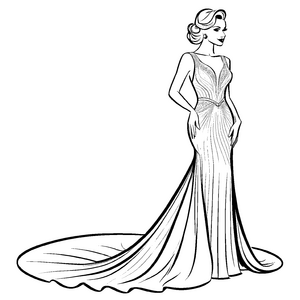 Elegantes Abendkleid mit edlem Rose Accessoire Ausmalbild für träumerische Stilzauberer