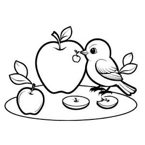 Zwei lebhafte Vögel knabbern an köstlichem Apfel Ausmalvorlage für neugierige Naturfreunde