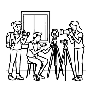 Drei neugierige Fotografen mit Kameras und Kind im Fokus Ausmalvorlage für abenteuerliche Entdecker mit großen Augen