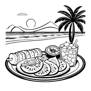 Saftige Sapote mit frischen Zitrusfrüchten auf dem Tisch Ausmalvorlage für kleine Fruchtliebhaber