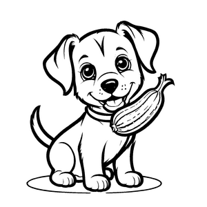 Freundlicher Hund mit lustiger Zucchini im Maul Ausmalbild für kleine Tierfreunde