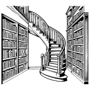 Fesselnde Bibliothek mit geschwungener Treppe Malvorlage für kleine Wissensentdecker