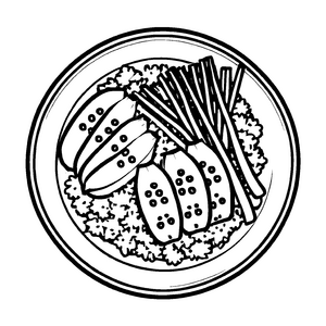 Fantasievoller Daikon-Rettich neben bunter Reis-Schüssel Ausmalvorlage für kleine Küchenhelden