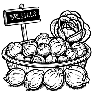 Fantasievolles Rosenkohl-Gemüsearrangement im Korb Ausmalbild für kreative Genussfreunde