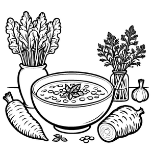 Geschmackvolle Gemüsesuppe in nostalgischer Schüssel Ausmalbild für ehrgeizige kleine Chefköche