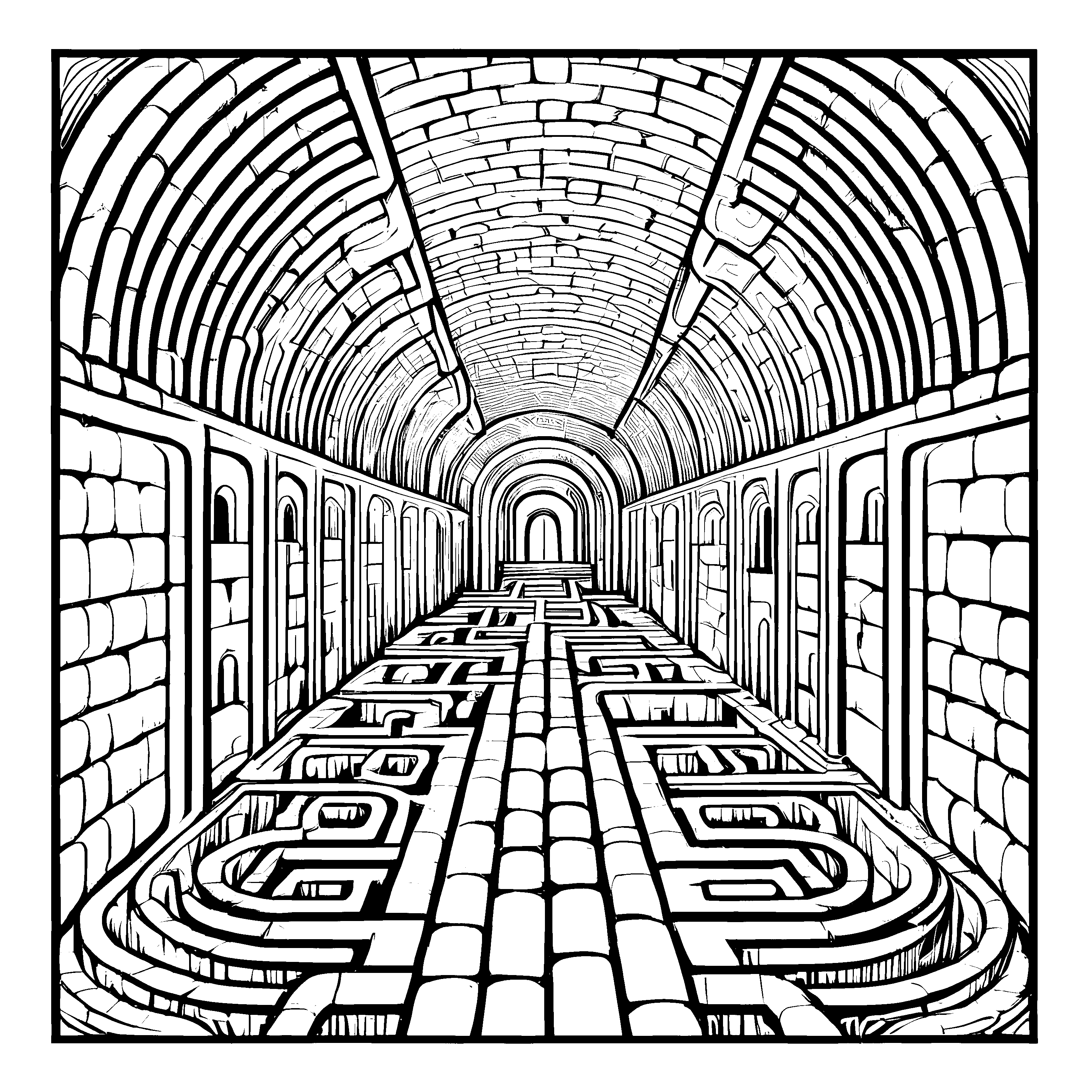 Faszinierendes Gewölbe mit labyrinthartigen Türen Ausmalvorlage für neugierige Entdeckerherzen