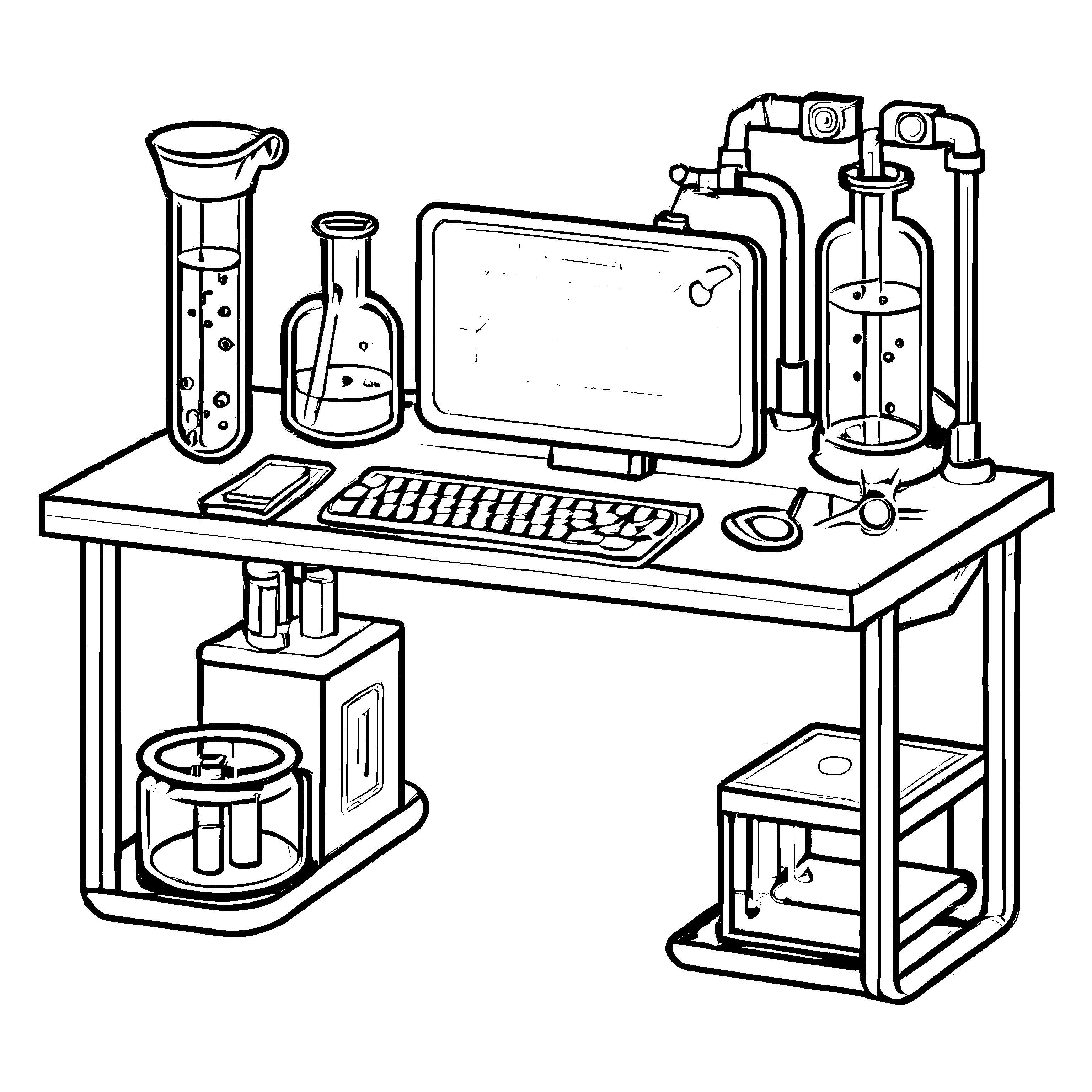 Faszinierender Labortisch mit bunten Versuchsgläsern und Geräten Ausmalvorlage für kleine Wissenschaftsdetektive