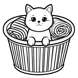 Süßes Kätzchen im bunten Wäschekorb Ausmalbild für junge Wollfreunde und Katzenliebhaber