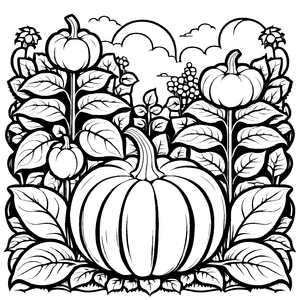 Herbstlicher Kürbis in einem Blätterfeld Ausmalbild für kleine Naturentdecker