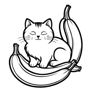 Kuschelige Katze auf fröhlichen Bananen Ausmalbild für kleine Genussliebhaber