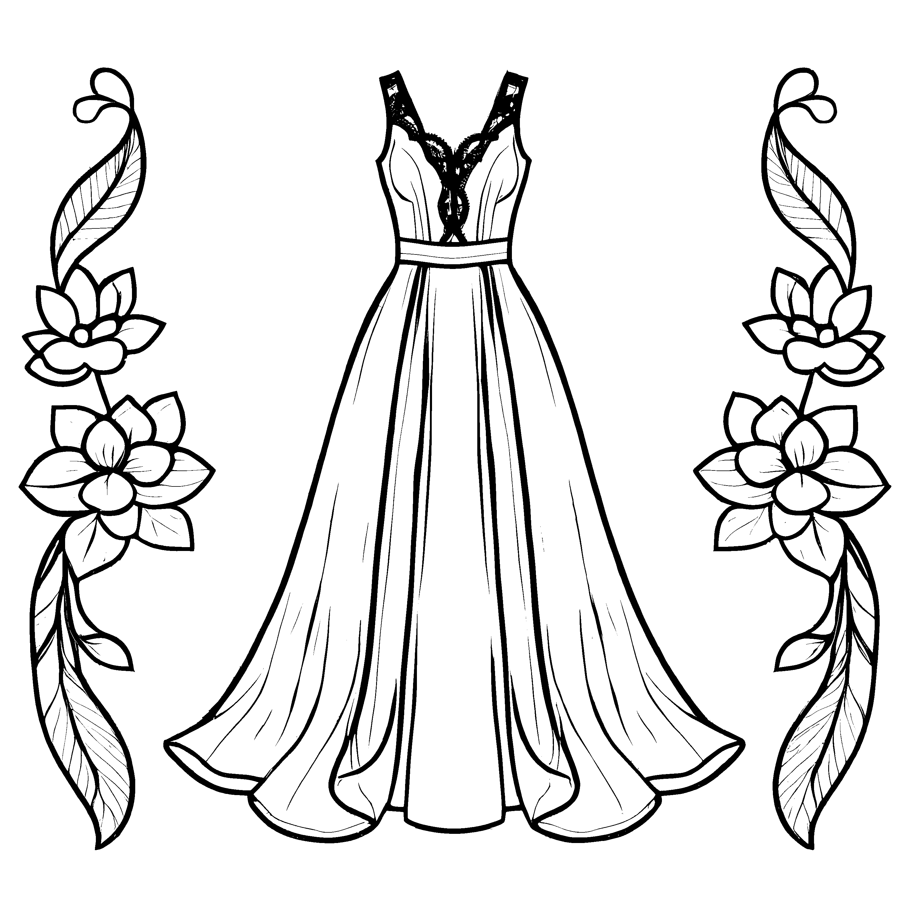 Prunkvolles Hochzeitskleid mit kunstvollen Blütenverzierungen Malvorlage für fantasievolle Modeschöpfer
