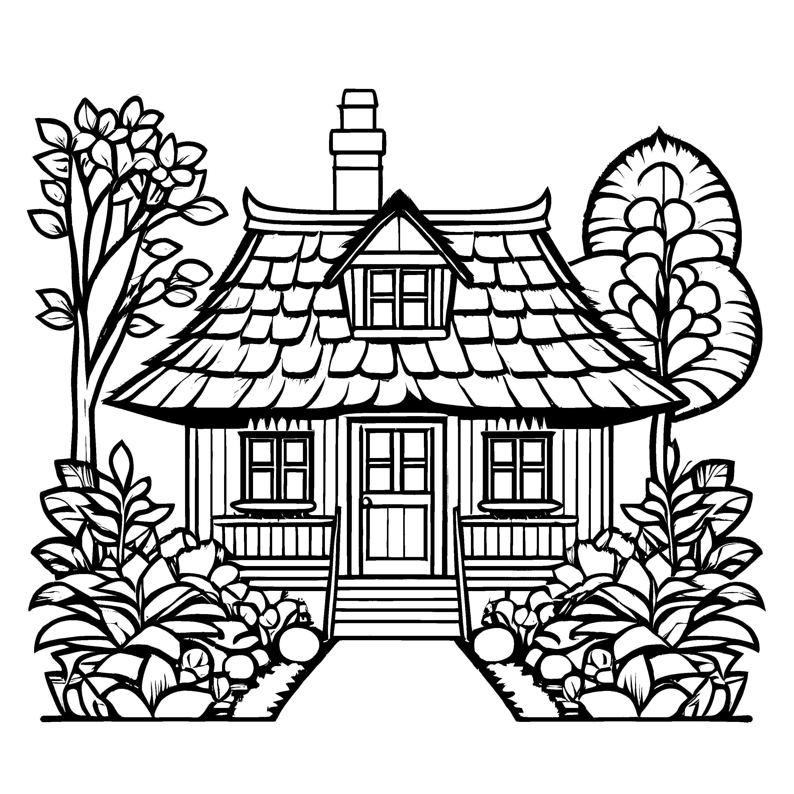 Märchenhaftes Gartenhäuser-Malbild zum Ausmalen