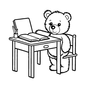 Verspielter Schreibtisch mit Teddy und buntem Buch Ausmalbild für kleine Lernabenteurer