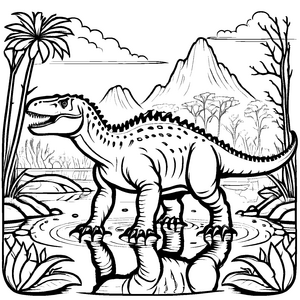 Mutiger Albertosaurus im spritzigen Wasser-Abenteuer Ausmalbild für abenteuerlustige kleine Forscher