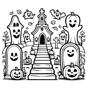 Gruseliger Gräber mit dämonischen Kürbissen Ausmalvorlage für kleine Halloween-Abenteurer