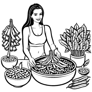 Köstliche Moringa-Schoten in buntem Rezept-Bowl Ausmalbild für angehende Meisterköche auf Geschmacksexpedition