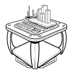 Futuristischer Tisch mit spannenden Stadt-Elementen Ausmalbild für kleine Zukunftsvisionäre