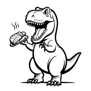 Hungriger Tyrannosaurus Rex mit leckerem Sandwich Malvorlage für neugierige Dino-Fans