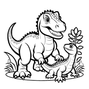 Mächtiger Giganotosaurus neben neugierigem kleinen Dino Ausmalbild für abenteuerlustige Tierfreunde mit Forschergeist
