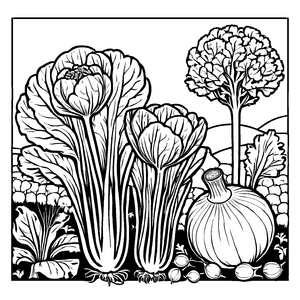 Kunterbunter Knollensellerie umgeben von Gemüse Ausmalvorlage für kleine Gartenfreunde