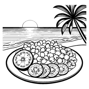 Exotische Longanfrüchte vor traumhaftem Strandbild Ausmalvorlage für abenteuerlustige kleine Geschmackserlebnisse