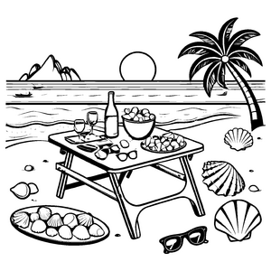Bezaubernder Klapptisch mit sommerlichem Picknick und Meeresbewohnern Ausmalbild für abenteuerlustige Entdecker und kleine Genussmenschen