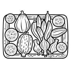 Vielfältige Obst- und Gemüsekollektion im Topinambur Ausmalbild für kleine Gourmet-Entdecker