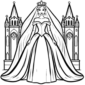 Majestätisches Hochzeitskleid mit glitzernder Tiara Malvorlage für romantische Traumbraut-Designerinnen