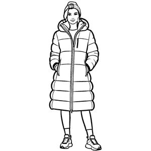 Puffiger Damen-Mantel mit Kapuze und Taschen Ausmalmotiv für trendige Winterfreunde