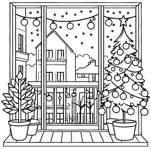 Festlich dekorierter Balkon mit Weihnachtsbaum Ausmalbild für fröhliche Weihnachtszauberer