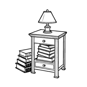 Stimmungsvolle Lampe auf modernem Nachttisch mit Büchern Ausmalvorlage für aufmerksame kleine Leseratten