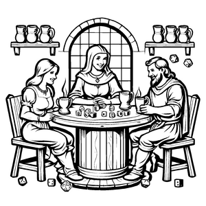 Freundschaftlicher runder Tisch mit Tassen und Spielzeug Malvorlage für abenteuerliche Plaudermäuse und gesellige Entdecker