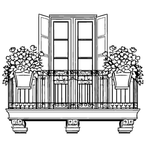 Blumiger Balkon mit leuchtenden Töpfen und Detailverzierungen Ausmalmotiv für kleine Gartenfreunde und Entdecker