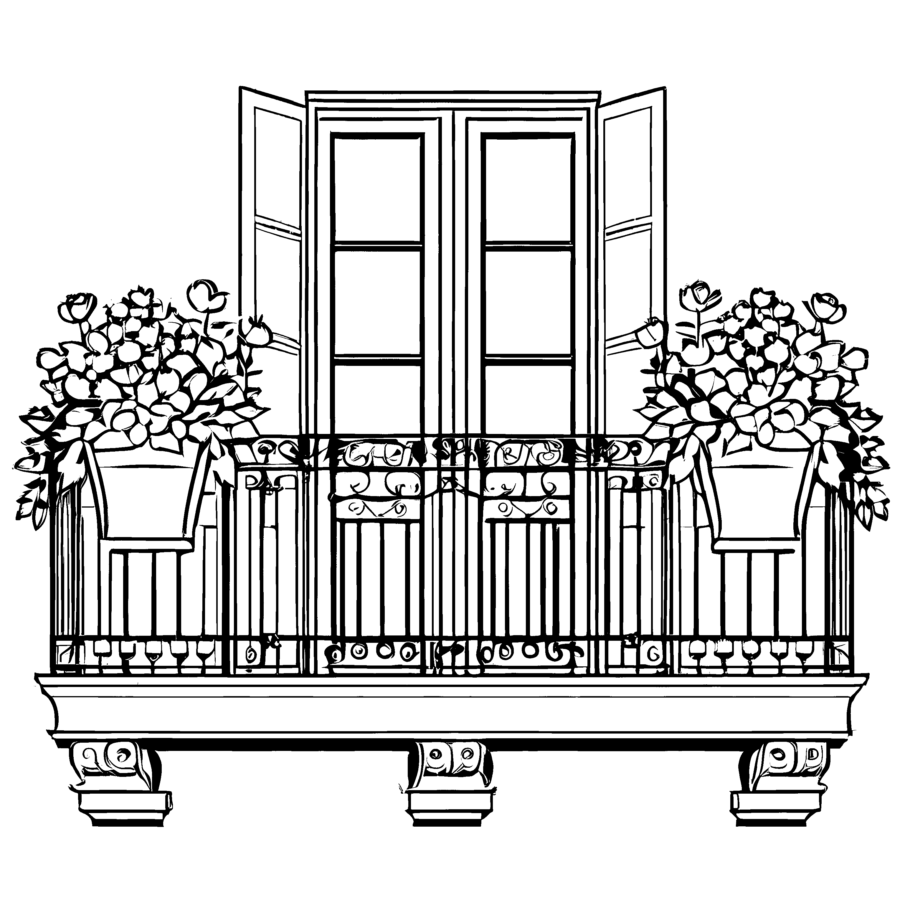 Blumiger Balkon mit leuchtenden Töpfen und Detailverzierungen Ausmalmotiv für kleine Gartenfreunde und Entdecker