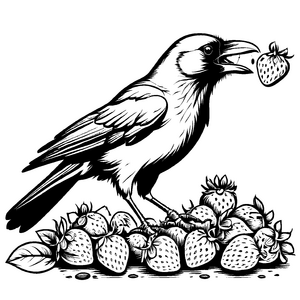 Schwarzer Vogel genießt süße Erdbeeren Malvorlage für kleine Gartenfreunde