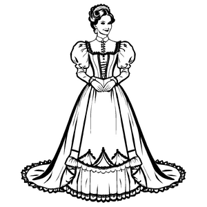 Antike Dame im bezaubernden Rüschenkleid Ausmalvorlage für stilbewusste Entdeckerinnen