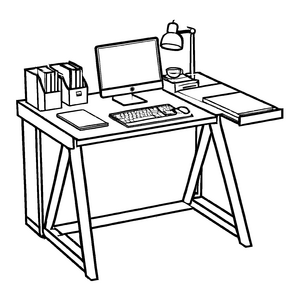 Vielseitiger Tisch mit Tastatur und bunten Büchern Ausmalbild für kleine Wissenssucher voller Fantasie