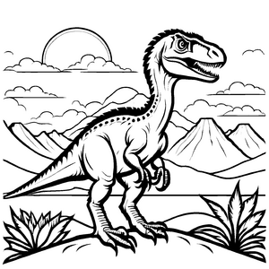 Schlauer Velociraptor auf Erdhügel mit Aussicht Ausmalvorlage für abenteuerlustige Dino-Entdecker