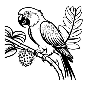 Fantasievoller Papagei auf saftigem Rambutan Bastelmotiv für neugierige Tropenentdecker