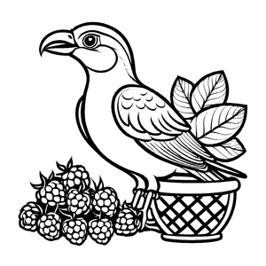 Fröhlicher Vogel mit leckeren Himbeeren Malmotiv für neugierige Genussentdecker