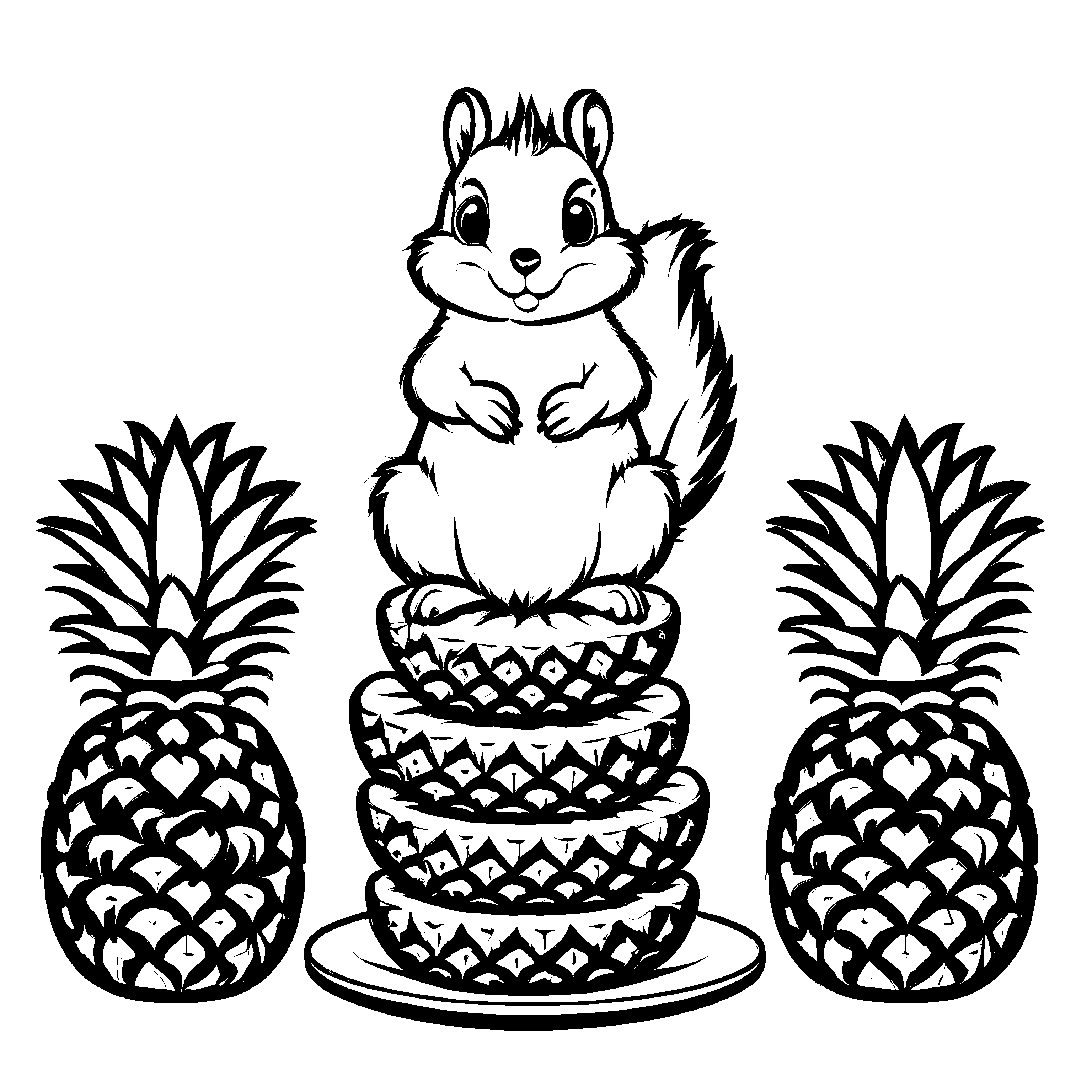 Drei verspielte Ananas mit süßem Nager Obenausmalbild für neugierige Fruchtzauberer