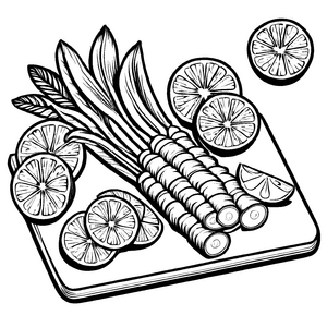 Faszinierender Galgant mit frischen Obst- und Gemüsefreunden Malvorlage für kleine Entdecker der Natur