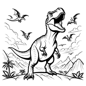 Furchtloser Tyrannosaurus Rex auf felsiger Klippe Ausmalmotiv für mutige Traumforscher