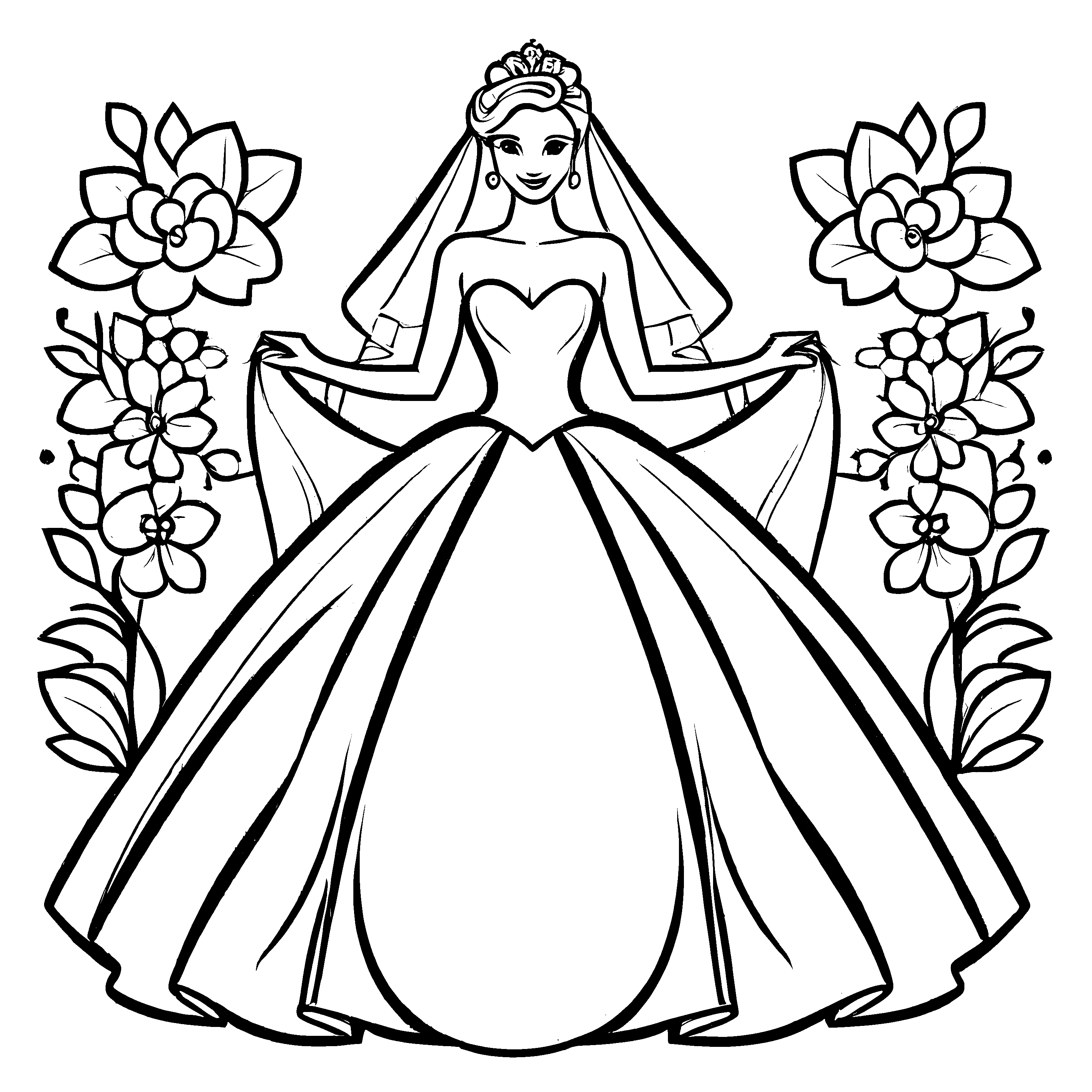 Bezauberndes Hochzeitskleid mit funkelndem Schleier Ausmalbild für märchenhafte Modeenthusiasten