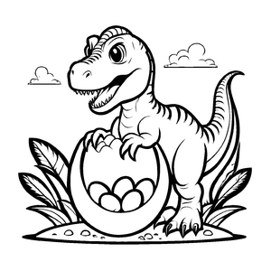 Zärtlicher Tyrannosaurus Rex mit Eiern im Korb Ausmalmotiv für liebevolle Dino-Fans