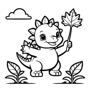 Fröhlicher Stegosaurus mit grünem Blatt Malvorlage für kleine Naturforscher