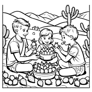 Drei fröhliche Kinder mit einer Erdbeerschale Ausmalbild für neugierige Früchtchenpflücker