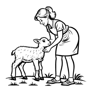 Herzliche Schäferin mit liebevollem Schaf beim Füttern Ausmalmotiv für kleine Tierschützer
