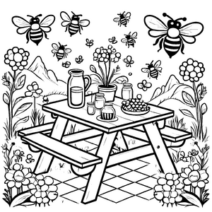 Bunter Picknicktisch mit frischen Früchten und summenden Bienen Malvorlage für fröhliche Entdecker mit Gartenliebe