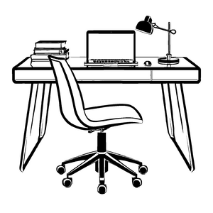 Schicker Schreibtisch mit Laptop, Büchern und Tasse Ausmalbild für neugierige Entdecker